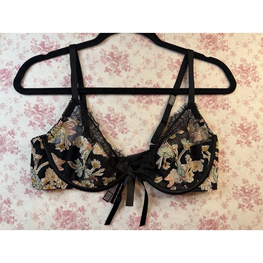 Victoria's Secret Floral Lace Unlined Bra Black 36C NWT